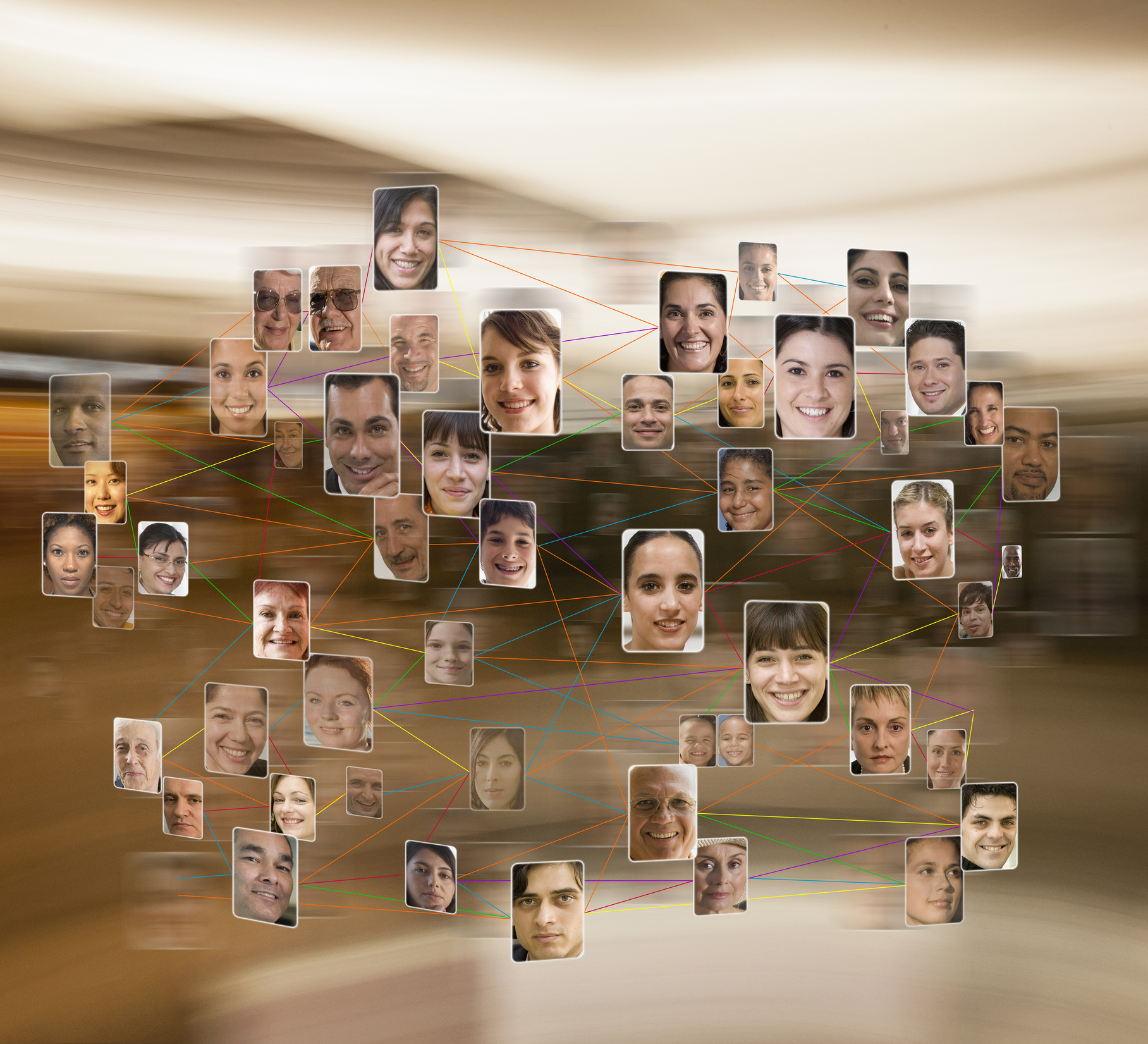 Image of a web of connected headshots symbolizing social or professional networks