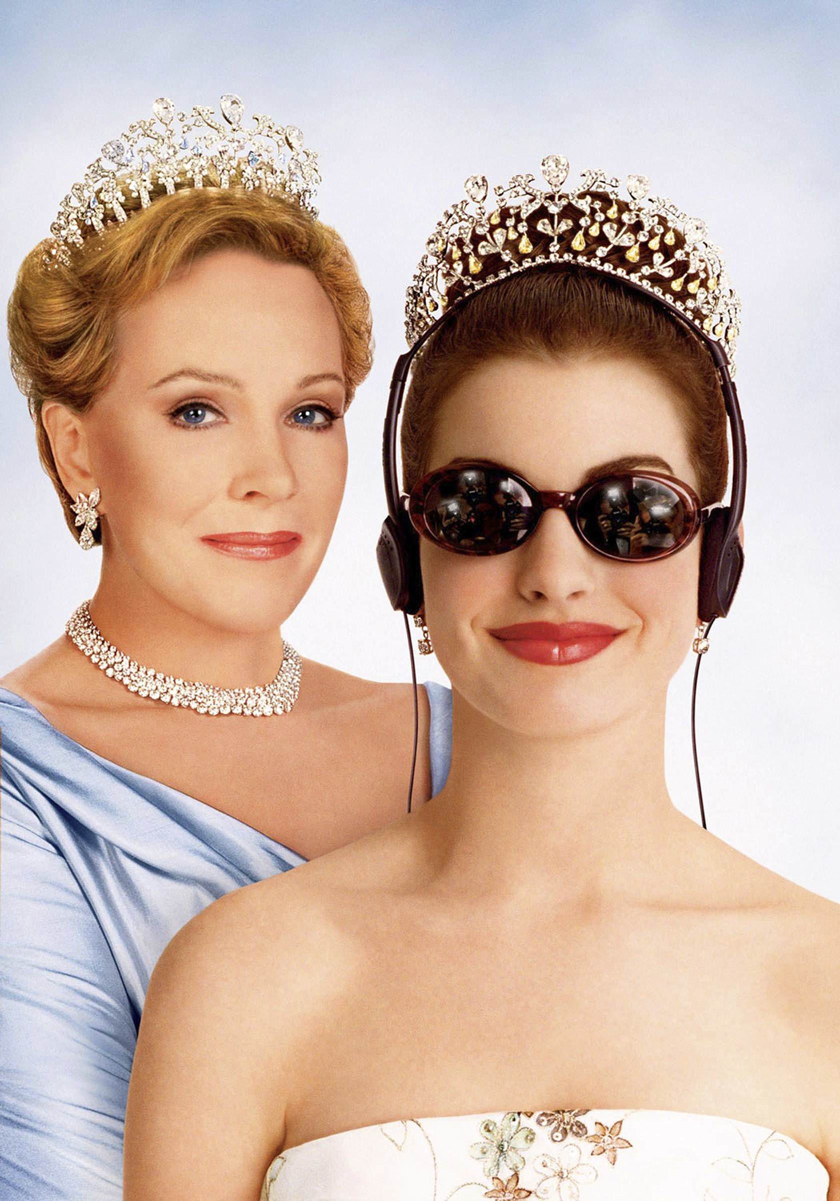 Julie Andrews and Anne Hathaway from &quot;The Princess Diaries&quot; wearing tiaras, Anne with headphones