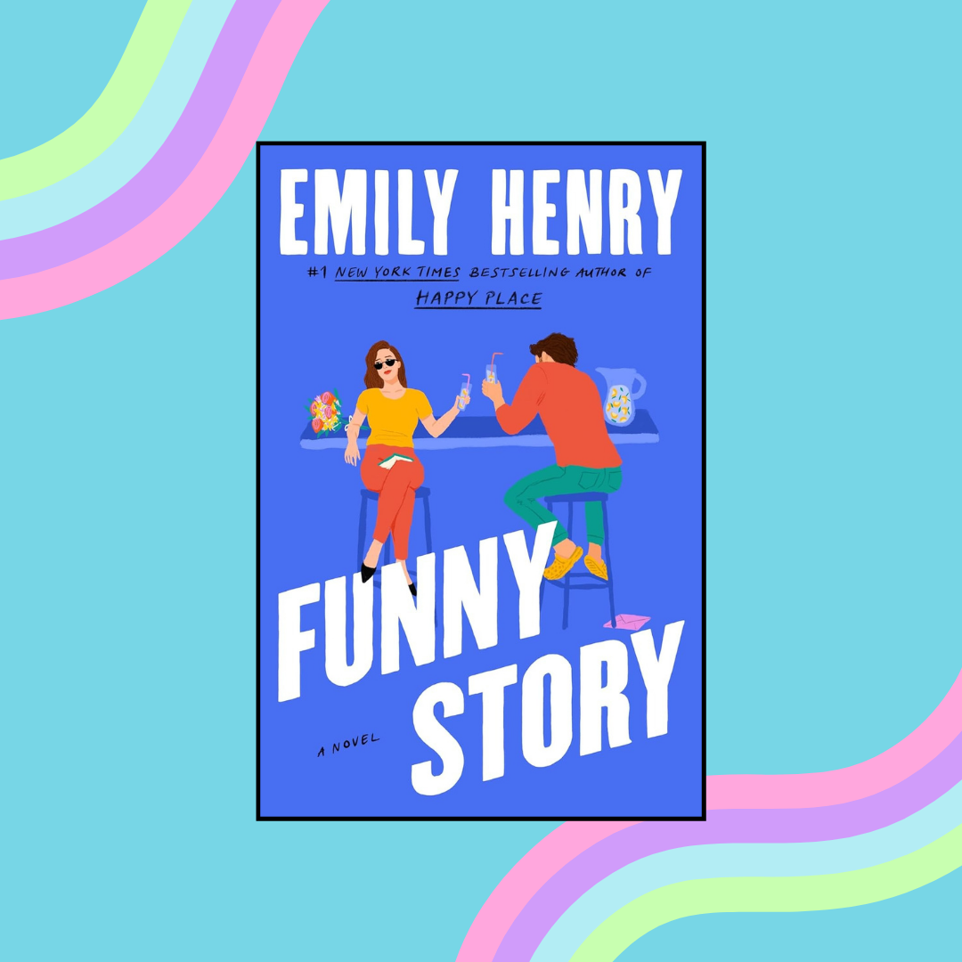 Book cover of &quot;Funny Story&quot; featuring animated characters toasting drinks