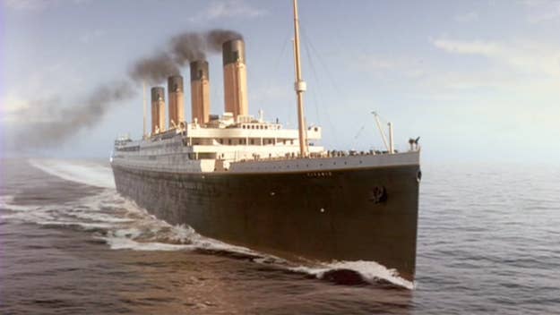 RMS Titanic at sea from its port side in the film "Titanic."