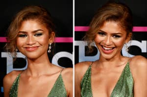 Split image of Zendaya in a sparkling gown, first posing with a subtle smile, then laughing on the red carpet