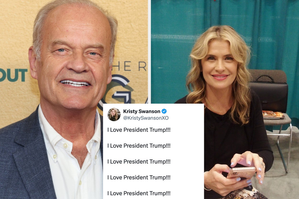 Kelsey Grammer smiling at an event and Kristy Swanson seated, looking at phone with her tweet professing love for President Trump