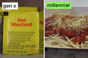Side-by-side image of a hot mustard packet labeled "gen x" and a plate of spaghetti with sauce labeled "millennial"