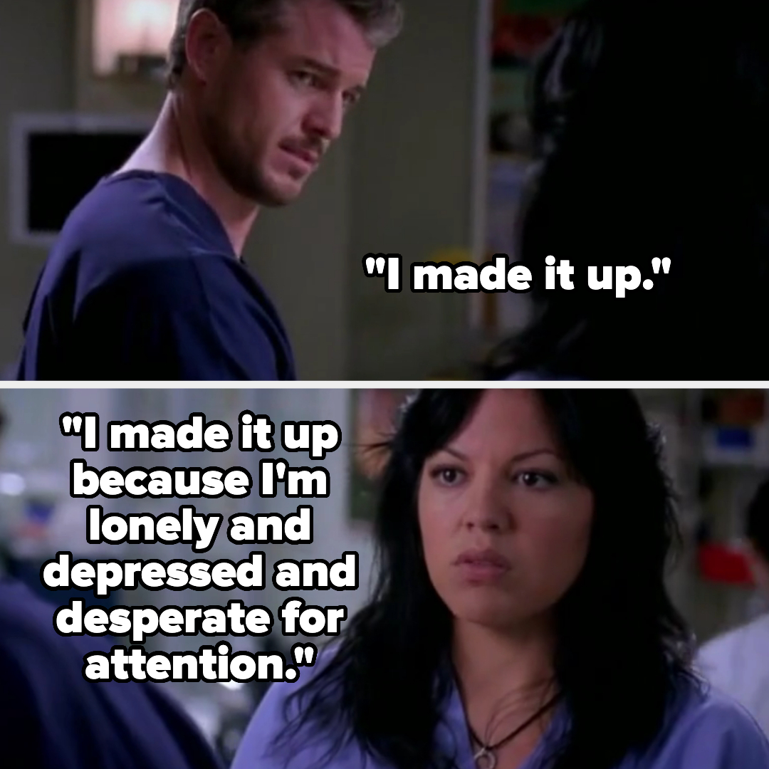 Two characters from a TV show with dialogue captions expressing a confession and its reason