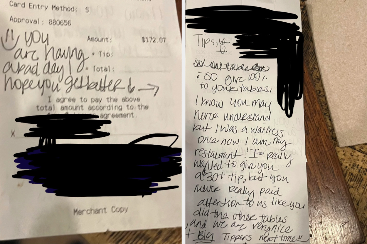 Handwritten note on a receipt expressing the reason for not giving a tip