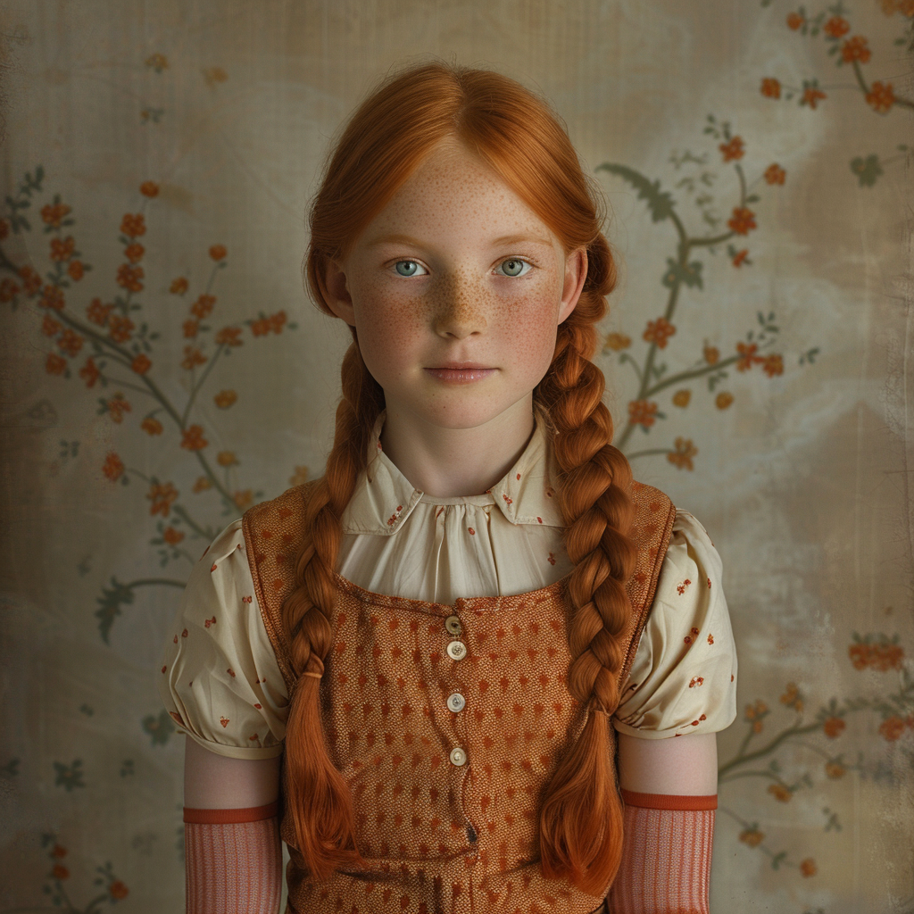 Girl with braided hair, freckles, wearing a vintage-style dress with floral patterns