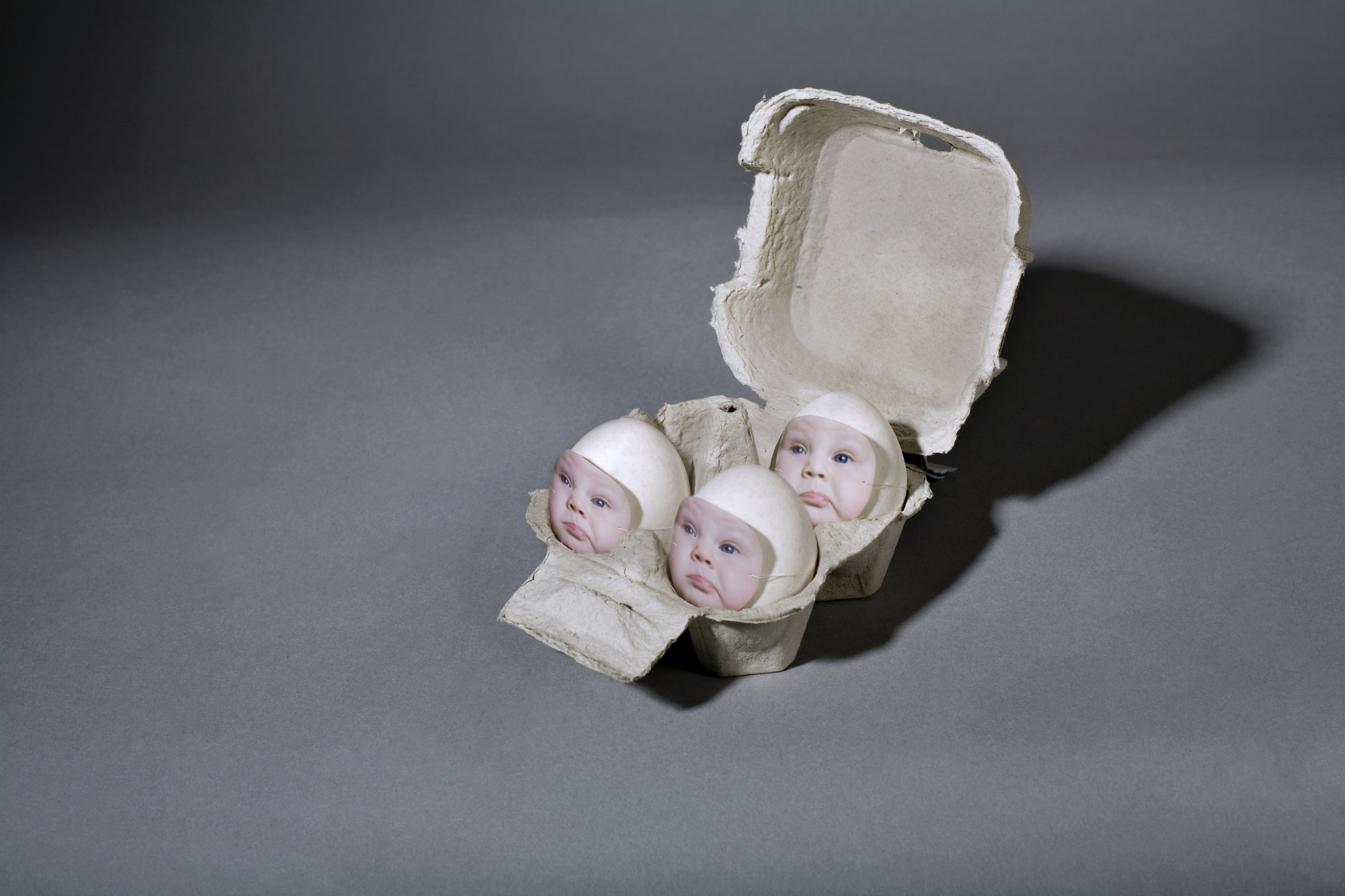 Sculptural art of three baby faces on eggshells in a small carton on a plain background