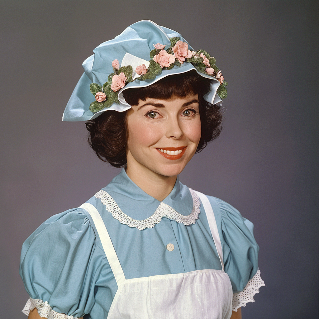Woman in vintage attire with hat adorned with roses, blouse with peter pan collar, and apron