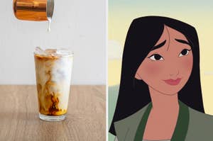 Left: Coffee being poured over ice in a glass. Right: Animated character Mulan with a smile