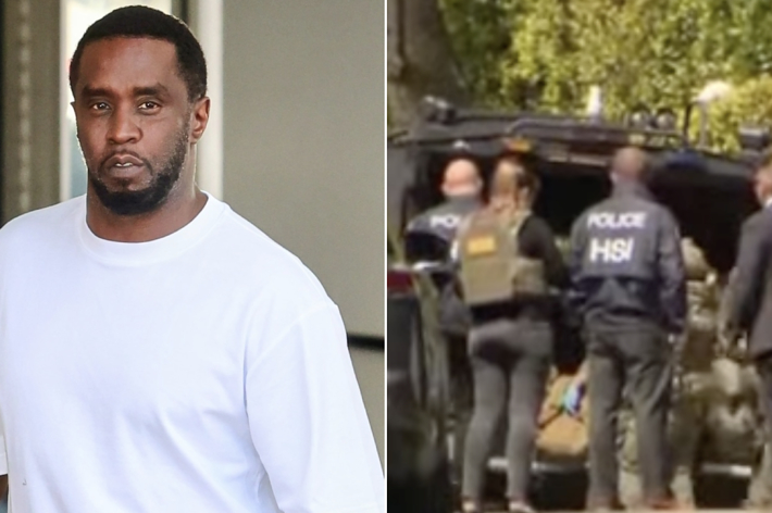 Diddy in a casual white tee; second scene shows police in tactical gear near a vehicle