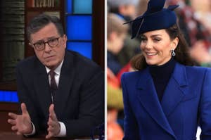 Man in a suit speaking on a show; woman in a blue outfit with a hat at an event