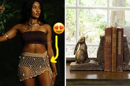 reviewer wearing a bathing suit with a crochet skirt cover up / a bunny on a book bookend