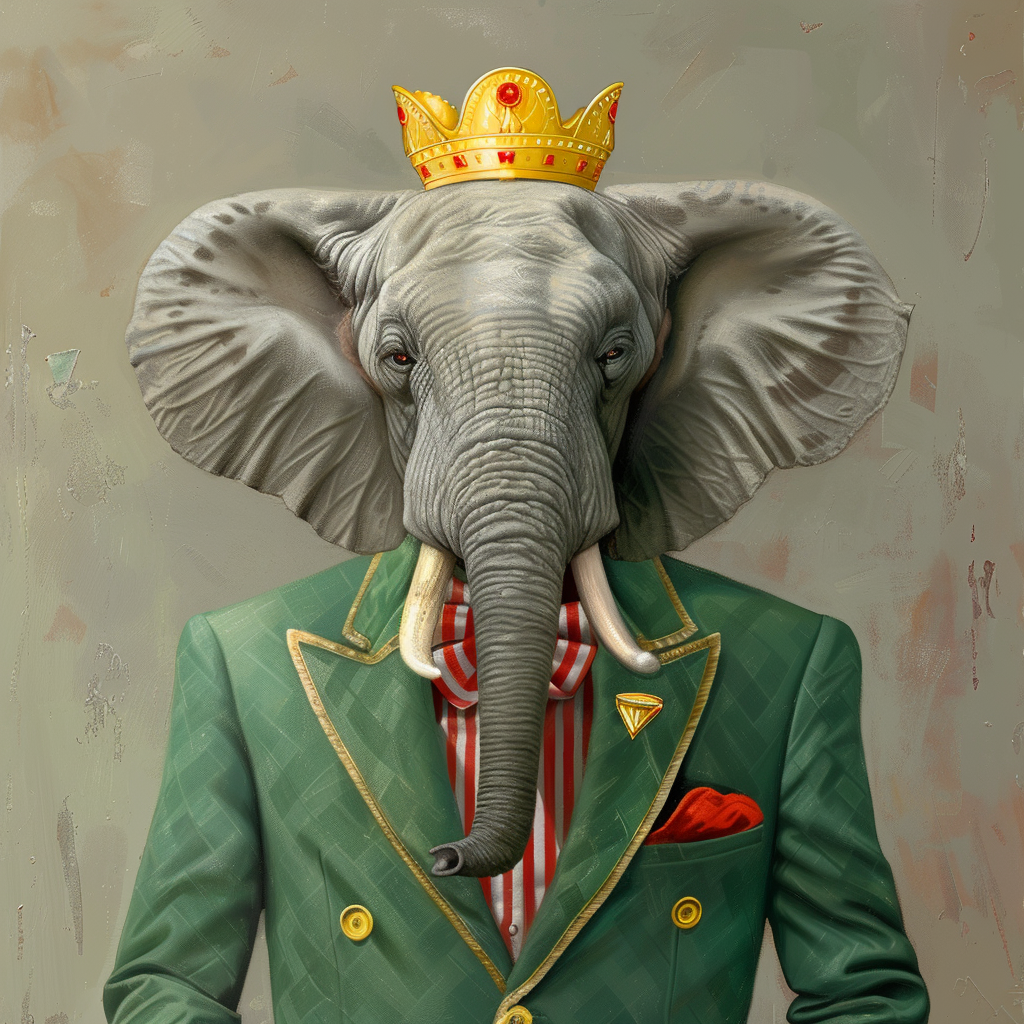 Illustration of an elephant in a green suit and crown, anthropomorphized with a human-like posture