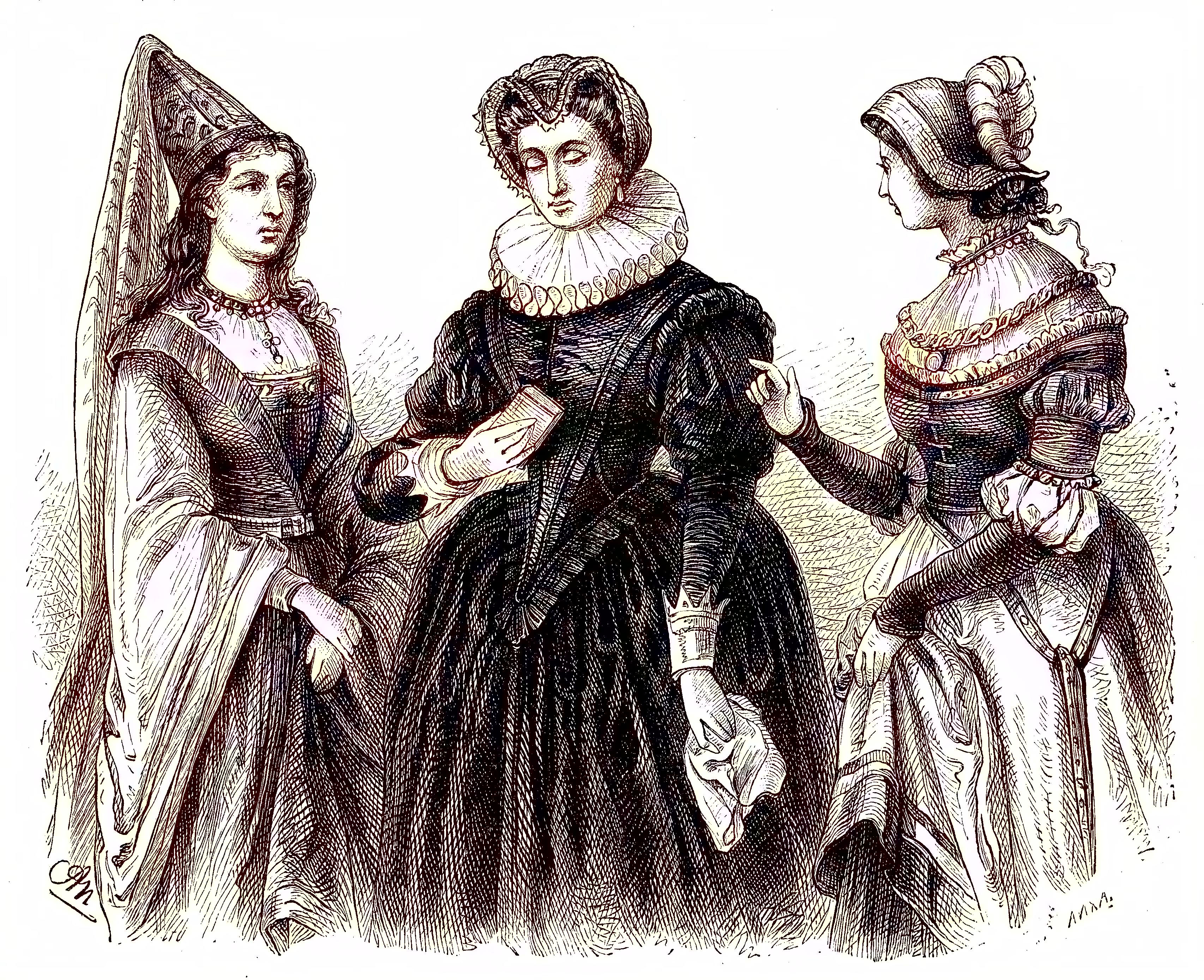 Three women in historical attire with elaborate headpieces and ruffled collars