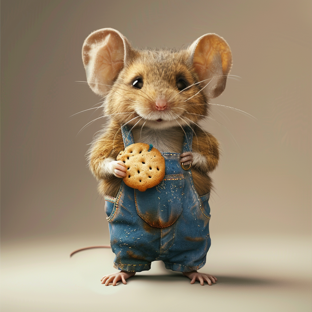 Animated mouse in denim overalls holding a cookie