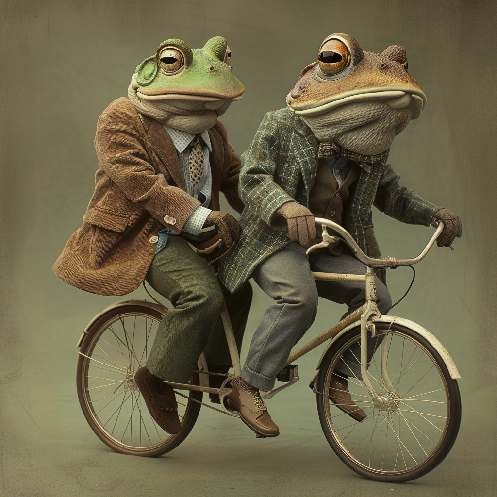 Two frog characters dressed in vintage attire riding a tandem bicycle