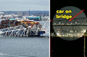 Container ship collided with bridge, inset shows close-up of car stranded on damaged section