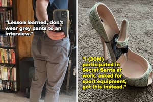 Person in work attire taking a selfie, beside an image of a high-heel shoe, with a quote about a Secret Santa gift mix-up