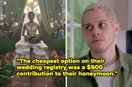 Bride walking down the aisle; man looking surprised with quote about expensive wedding registry