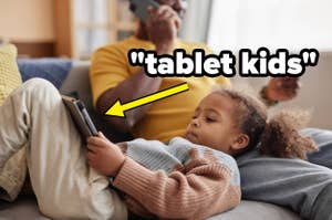 Adult on phone and child concentrating on a tablet, phrase "tablet kids" highlighted