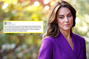 Kate Middleton looks somber in a purple blazer; text discusses privacy issues during her cancer treatment