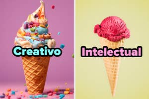 Helado en cono con la palabra "Creativo" a la izquierda y otro con "Intelectual" a la derecha
