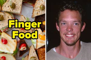 Platter of assorted sandwiches with caption "Finger Food" next to a smiling man in a casual sweater