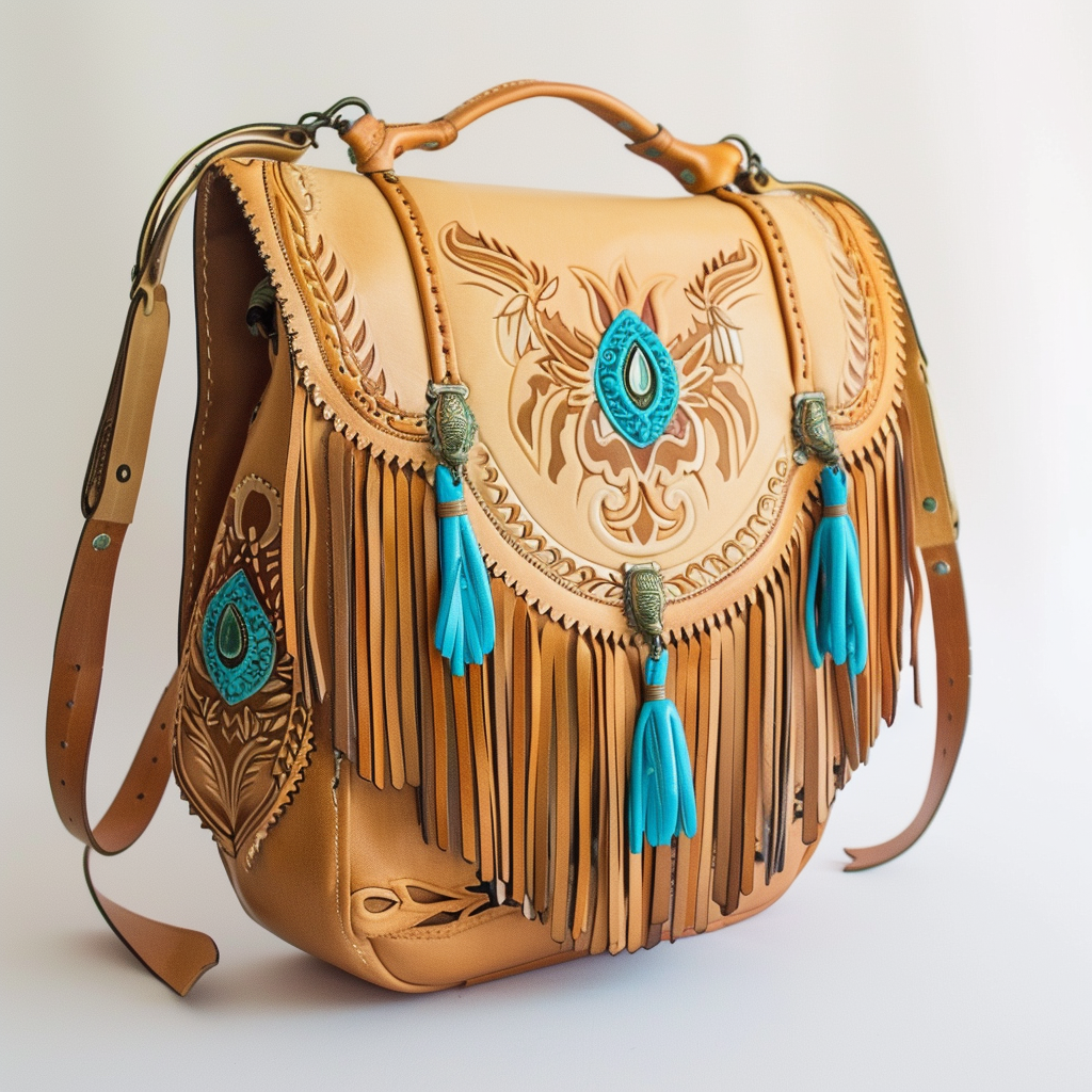 Bohemian-style leather satchel with an embossed floral design and fringe details, accented with turquoise tassels