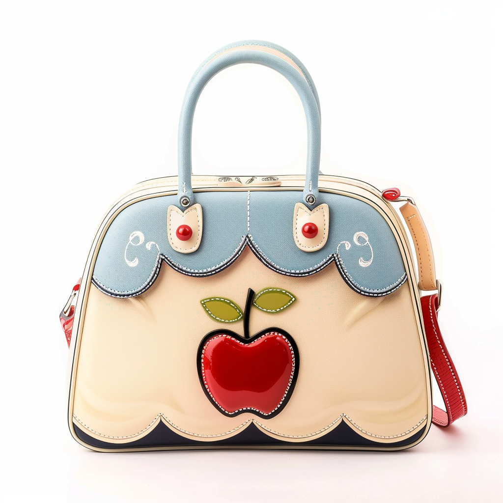 Handbag with whimsical hand-sewn apple design