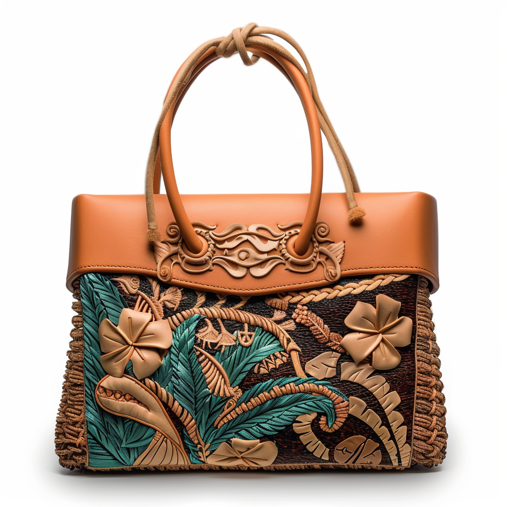 Designer handbag with intricate woven pattern and hibiscus flower embellishments