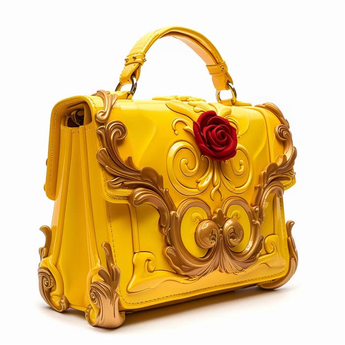 Yellow handbag with ornate relief design and a prominent red rose adornment