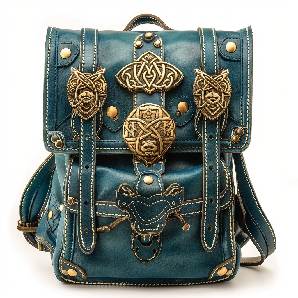 Embossed teal backpack with ornate golden accents and bear motifs