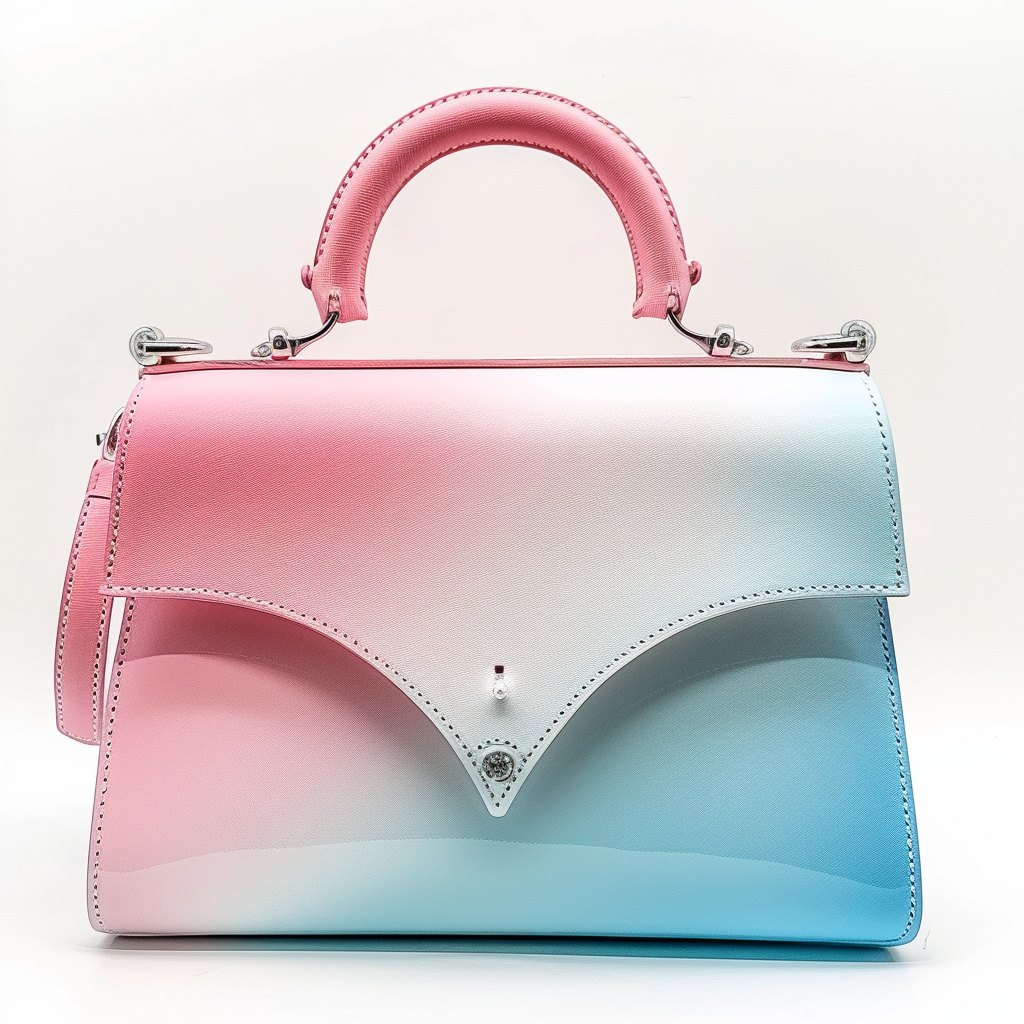 Ombré pink and blue handbag with scallop flap design, structured top handle, and silver hardware