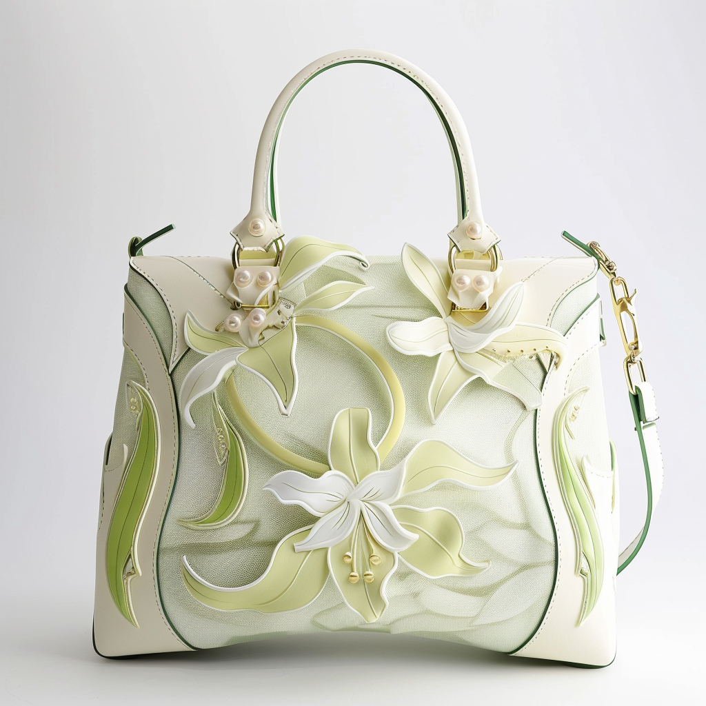 Designer handbag with three-dimensional floral embellishments