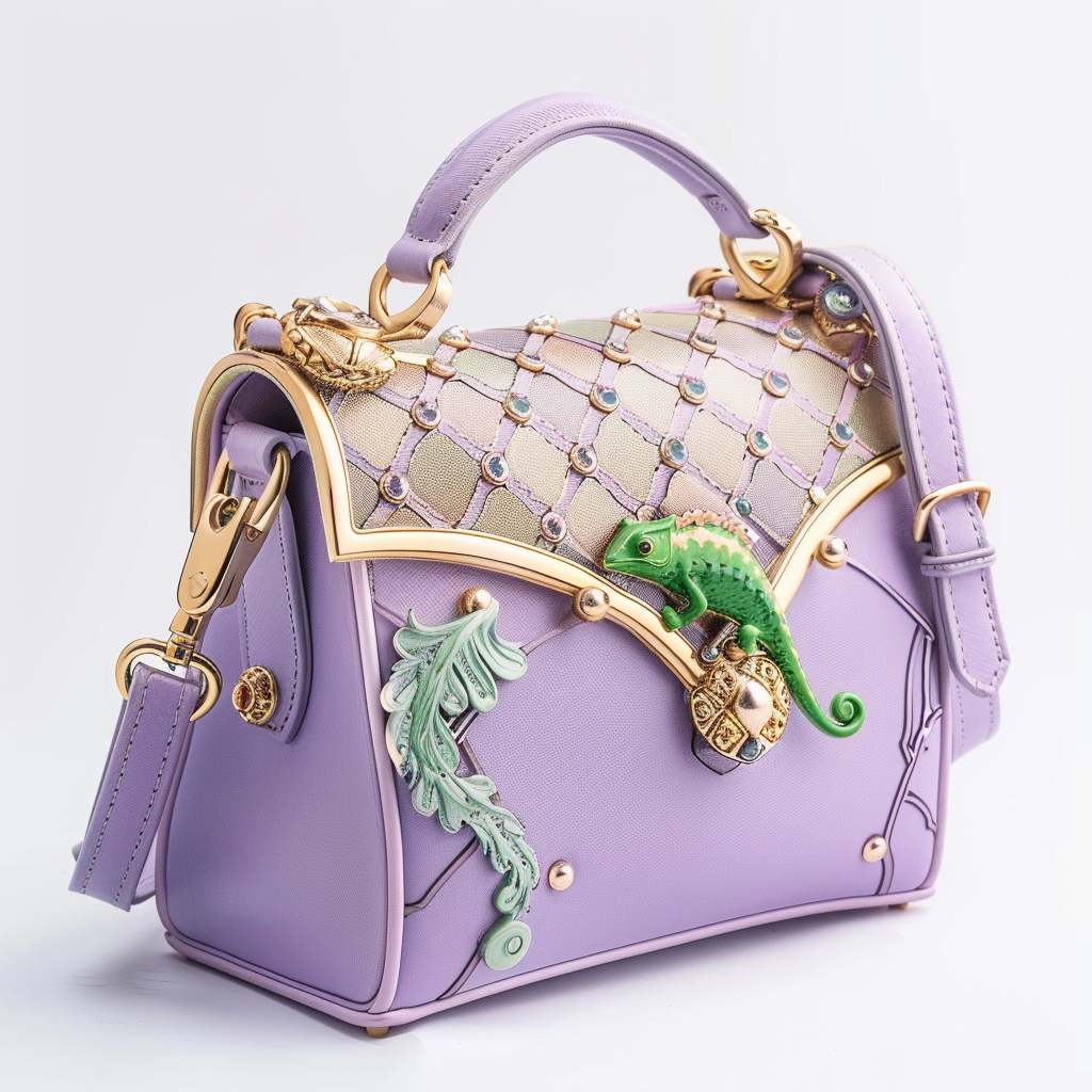 Lavender handbag with gold chain overlay and decorative green chameleon motif