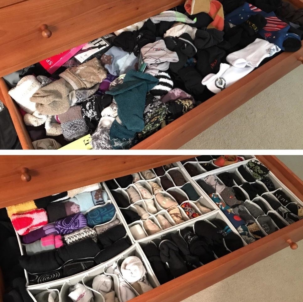 Before and after of a drawer reorganized from cluttered clothing to neatly compartmentalized items