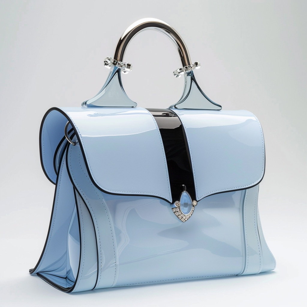 Blue and black handbag with a silver handle and jewel detail; standing upright on a light background