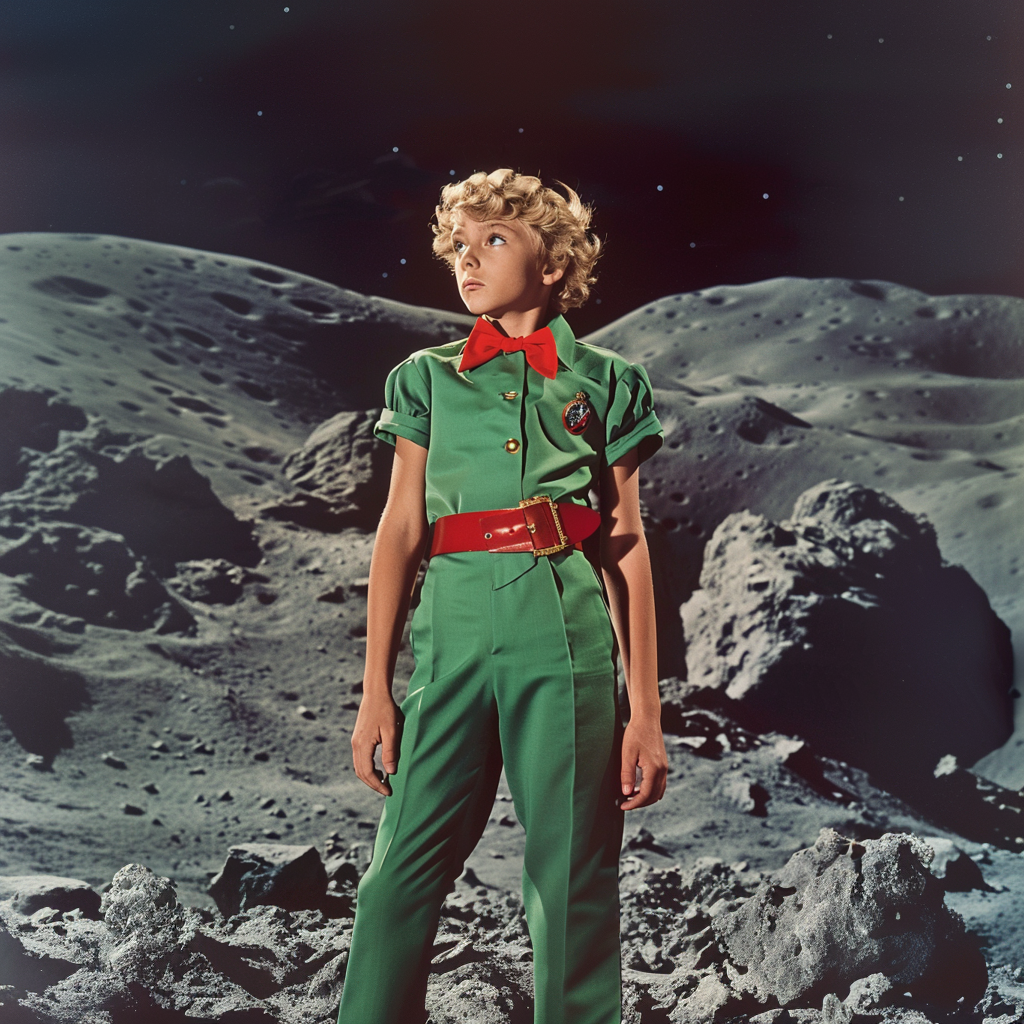 Character from classic film stands on a stylized lunar surface, wearing a green space suit with red details