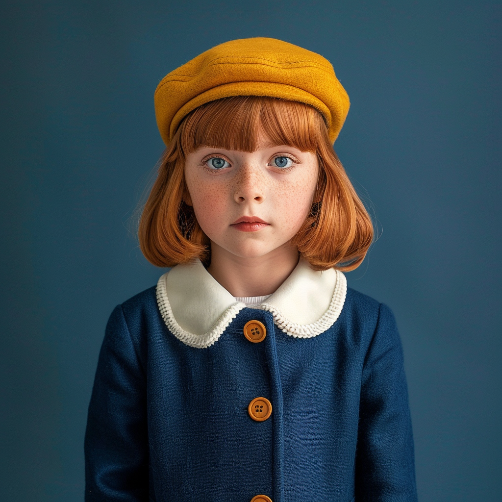 Young girl with a yellow beret and blue coat with a white collar