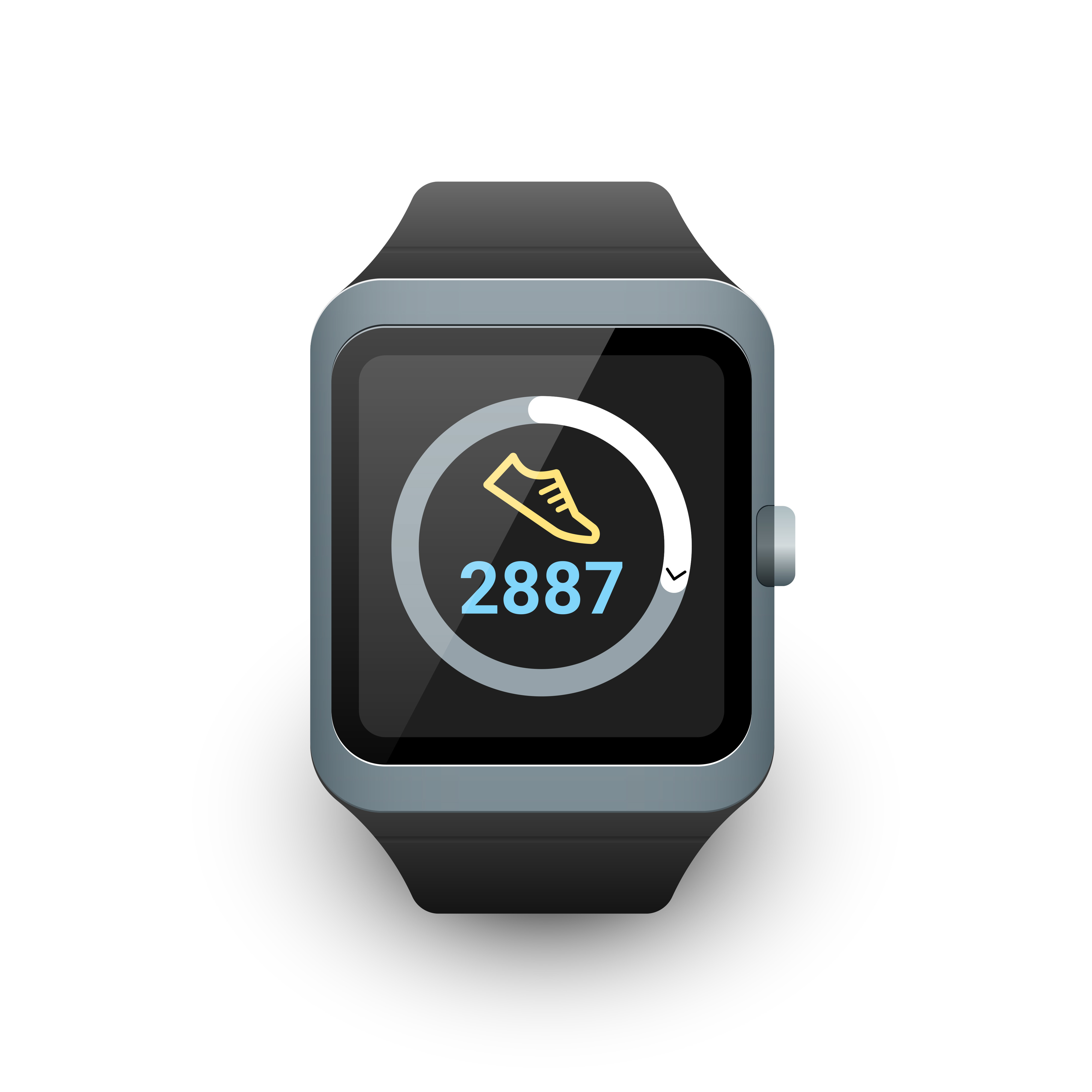 Smartwatch showing a step tracker app with a count of 2887 steps