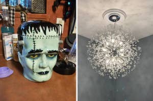A decorative Frankenstein's monster head cookie jar; an ornate firework crystal chandelier
