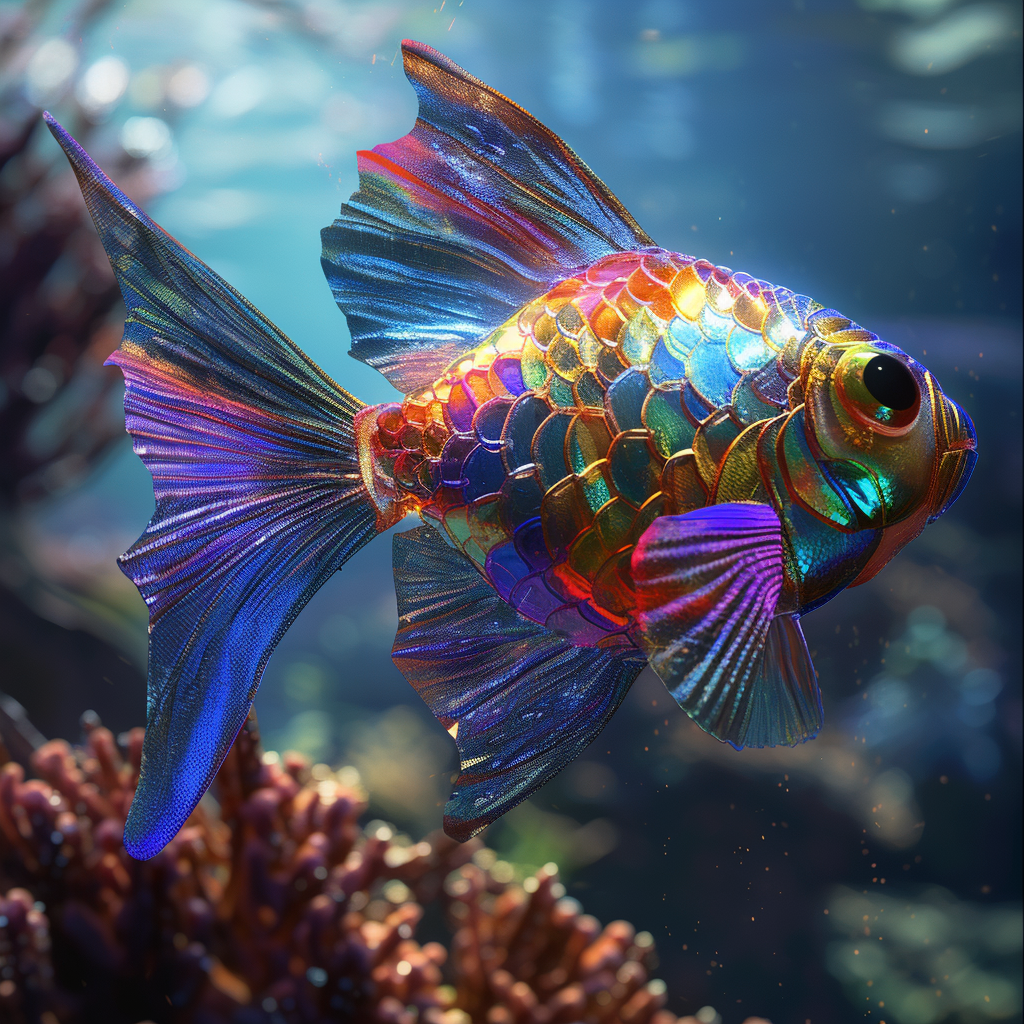 Illustration of a vibrantly colored, iridescent fish swimming near coral