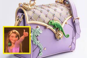 An AI-generated designer handbag with a chameleon detail and an insert of Rapunzel from Tangled giving a thumbs up