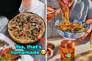 Collage of homemade pizza and a person eating pasta, with a jar of Fly By Jing chili crisp