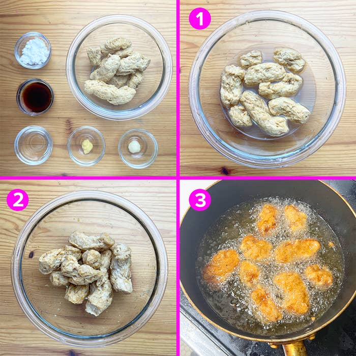 鶏肉をつけるための材料と調理手順を示す画像。材料として大豆ミート、液体の調味料、スパイスがあり、揚げる工程も示されている。