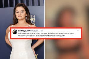 Selena Gomez in a formal dress with a tweet overlay expressing disbelief at body-shaming comments