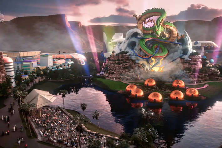 A conceptual artwork of a Dragon Ball theme park with a large Eternal Dragon atop a fountain, surrounded by attractions and crowds