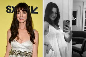 Left: Celebrity in a sequined dress at an event. Right: Same celebrity takes a selfie, hinting a pregnancy