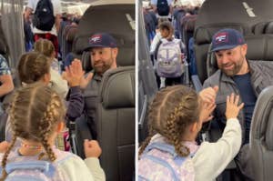 子供と握手を交わす帽子をかぶった男性が搭乗中の飛行機内で座っている。
