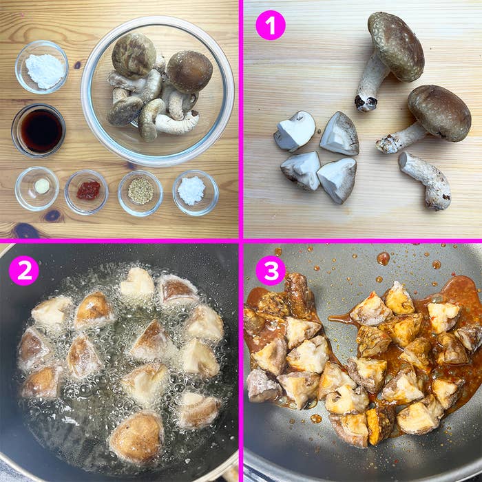 料理過程を示す写真。1枚目でキノコと調味料、2枚目で揚げるキノコ、3枚目でソースに絡めたキノコ。